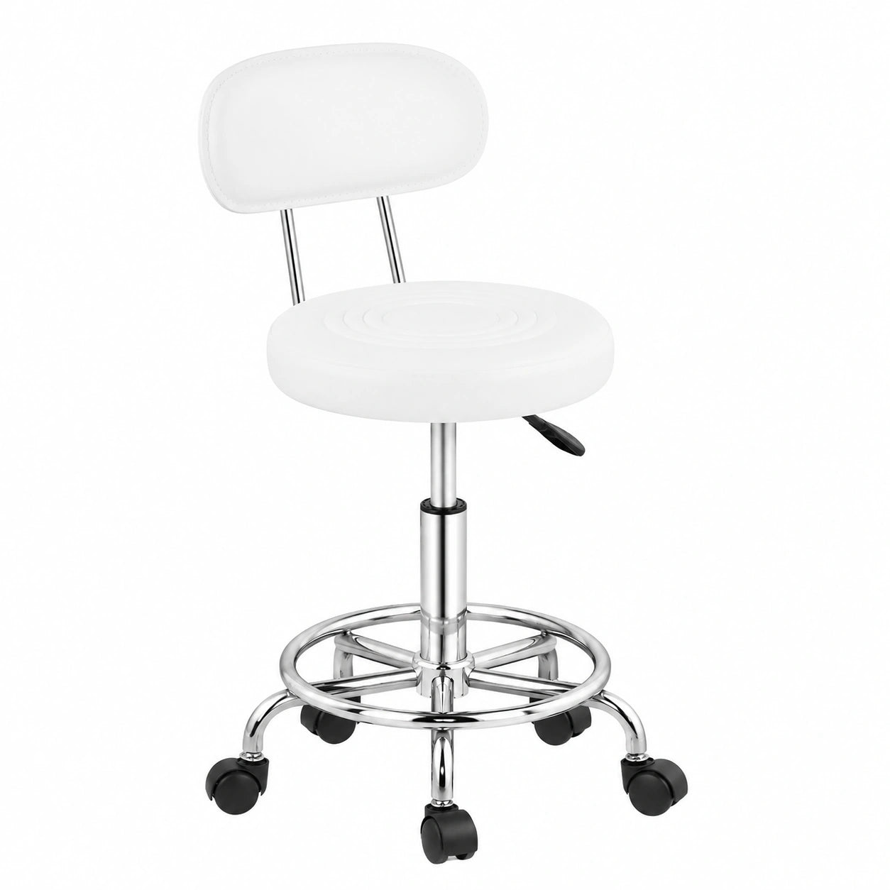 Ergonomischer Drehhocker mit Rollen, 360° drehbar, höhenverstellbar, ideal für Nagelstudios, Schönheitssalons, Spas und Büros, Weiß mit Rückenlehne