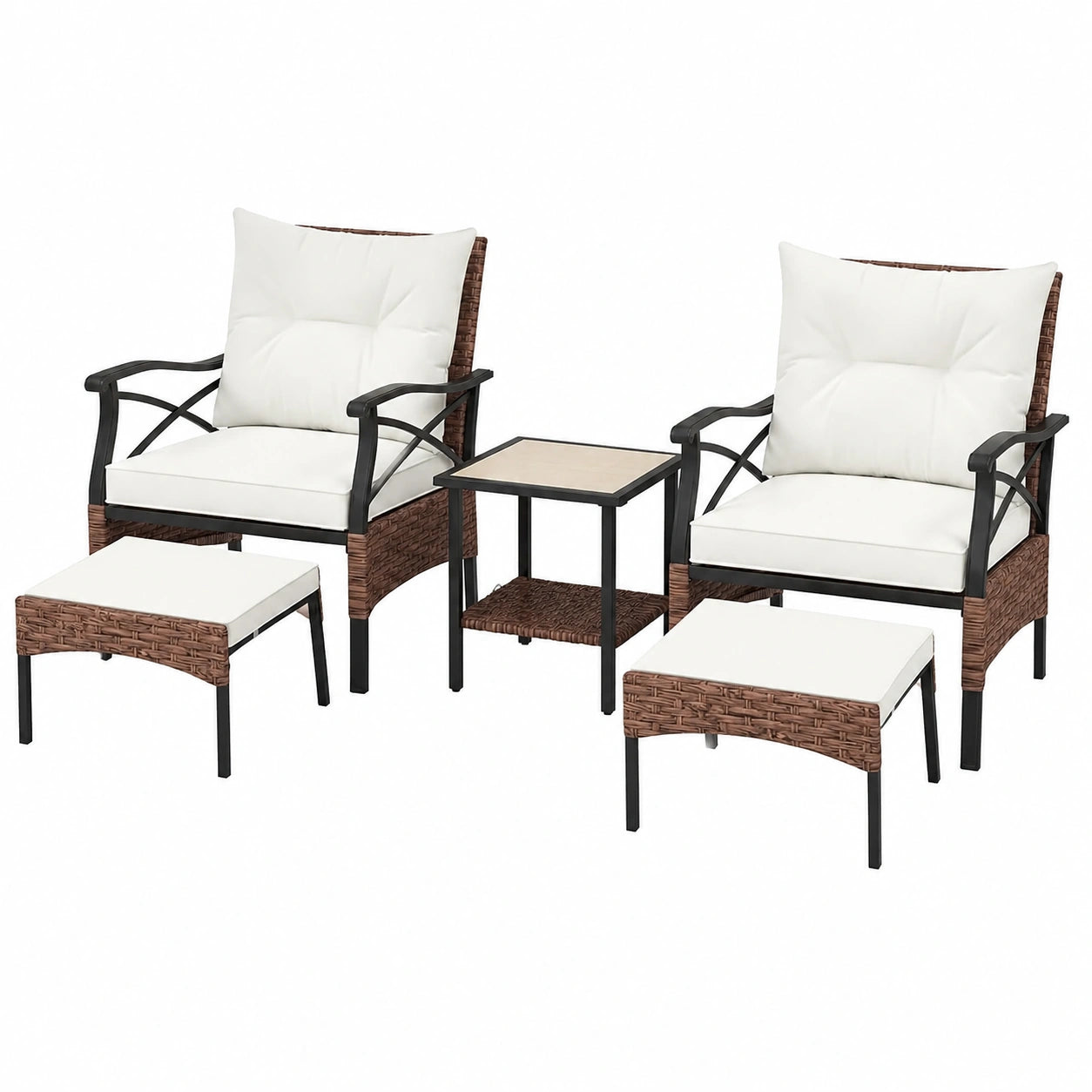 COSTWAY 5-teiliges Rattan Balkonmöbel Set, inkl. Stühle mit Kissen, Hocker und Tisch, wetterfeste Terrassenmöbel für Garten und Balkon