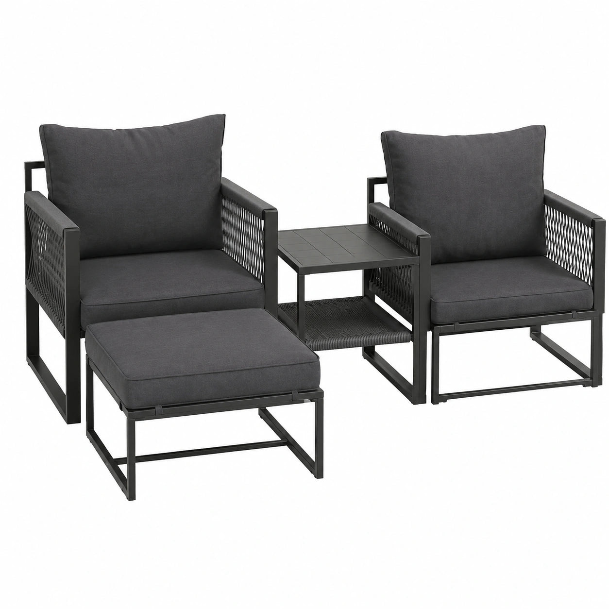 STEELSØN Outdoor Gartenmöbel Set für Balkon, 4-teilig mit Tisch und Hocker, inklusive 6 Kissen, Sitzgruppe für 4 Personen, dick gepolsterte Sessel, schwarzes Metall