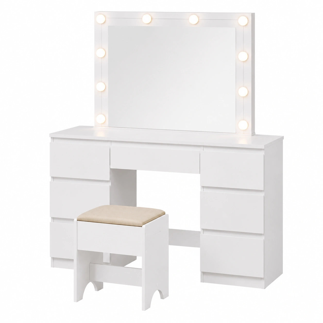 WOLTU Frisiertisch mit LED-Spiegel und Hocker, 3-fach Lichtmodi, Schminktisch mit 7 Schubladen, Modernes Design für Schlafzimmer, 107x140.5x39.5 cm, Weiß