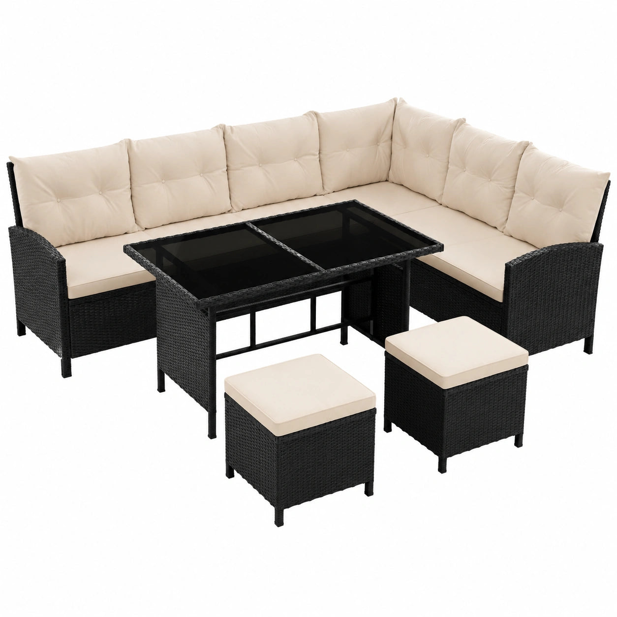 Moderne Gartenlounge aus Polyrattan für 7 Personen mit Ecksofa und Esstisch