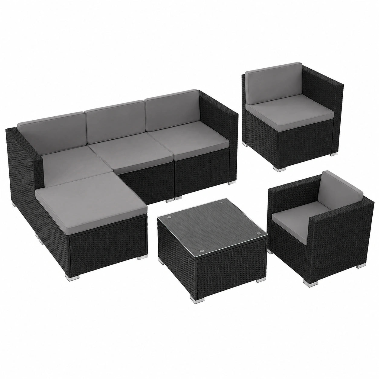 Modulares Poly-Rattan Gartenmöbelset für 4-5 Personen, wetterfest und kombinierbar, inkl. Sofa, Sessel, Hocker und Tisch, ideal für Terrasse und Balkon - Schwarz