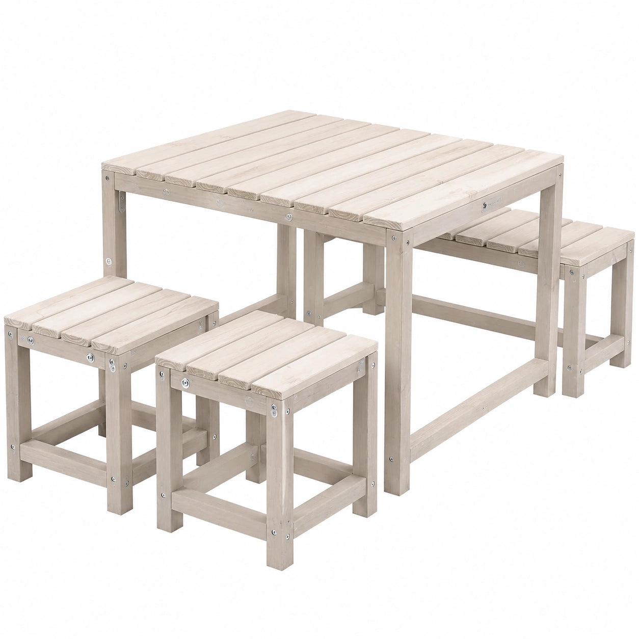 Robuste Kindersitzgruppe aus Holz für Garten und Innenbereich, inkl. Abdeckung, geeignet ab 3 Jahren, Beige-Grau