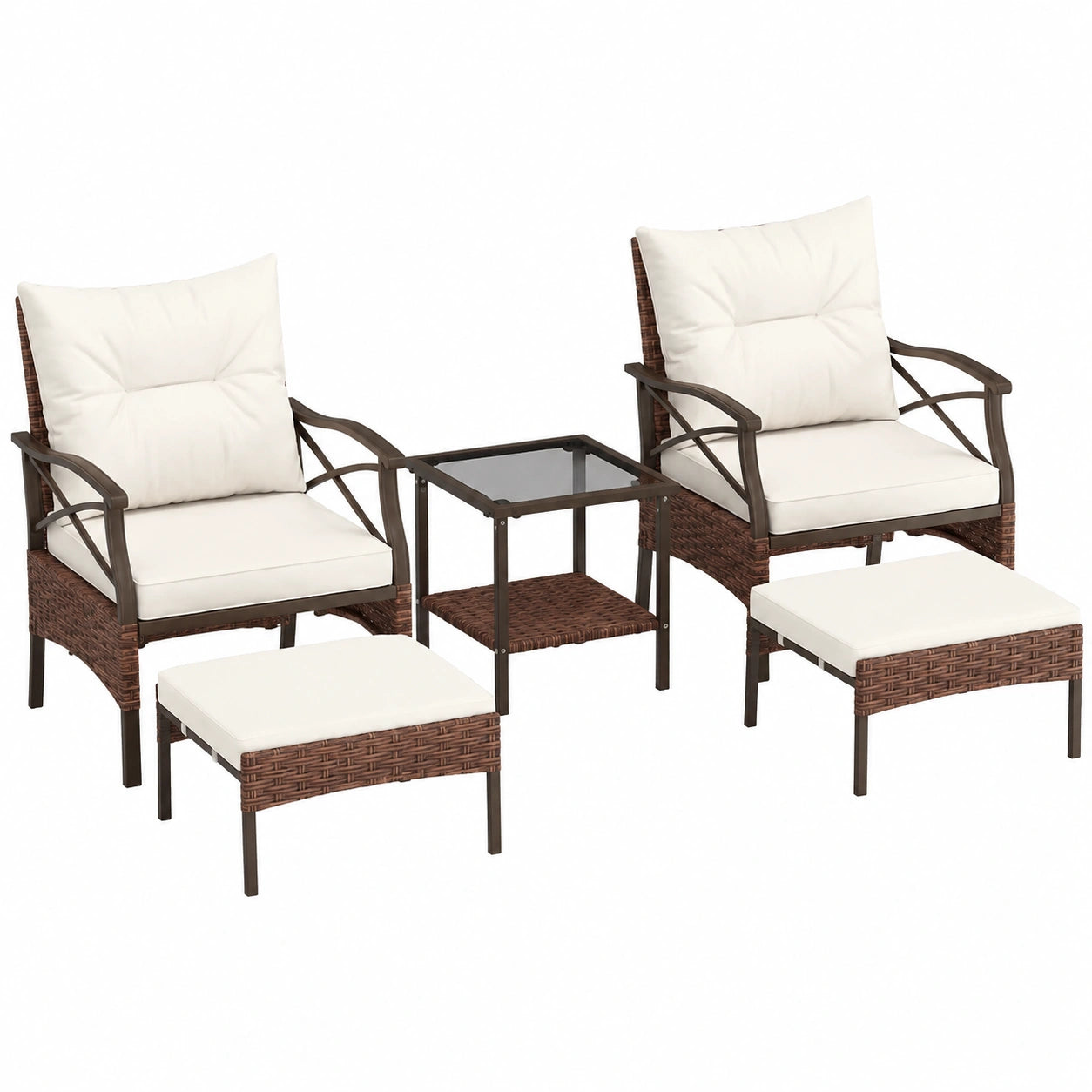 GIANEX Rattan Gartenmöbel Set, 5-teilig, für 2-4 Personen, inkl. Tisch, Sessel & Hocker, mit Rücken- und Sitzkissen