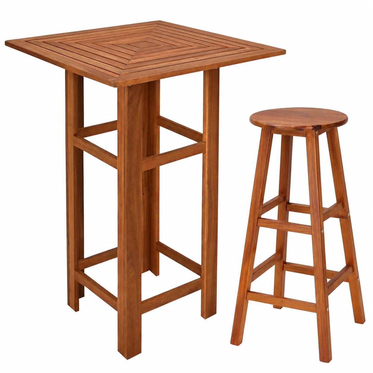 Rustikales Bar-Set aus Akazienholz für drinnen und draußen, wetterfest, inkl. Stehtisch und 2 Barhocker, ideal für Garten, Balkon und Terrasse
