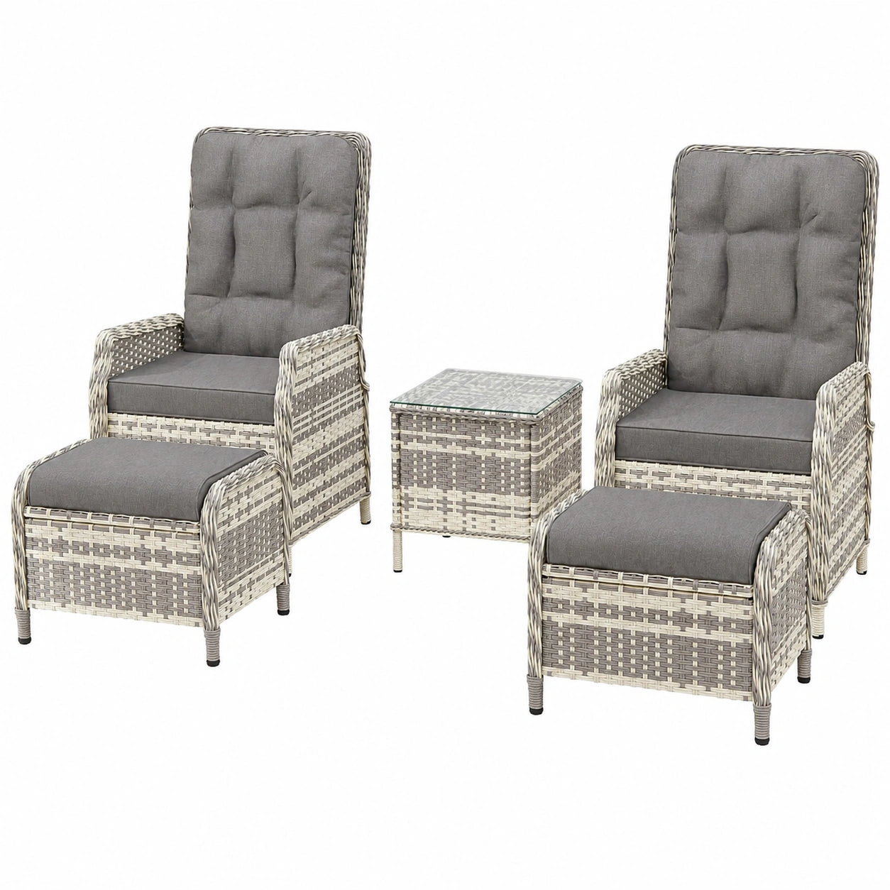 ALAULM Rattan Gartenmöbel Set, 5-teilig: Verstellbare Sofas, Hocker & Tisch, Wetterfest, Grau