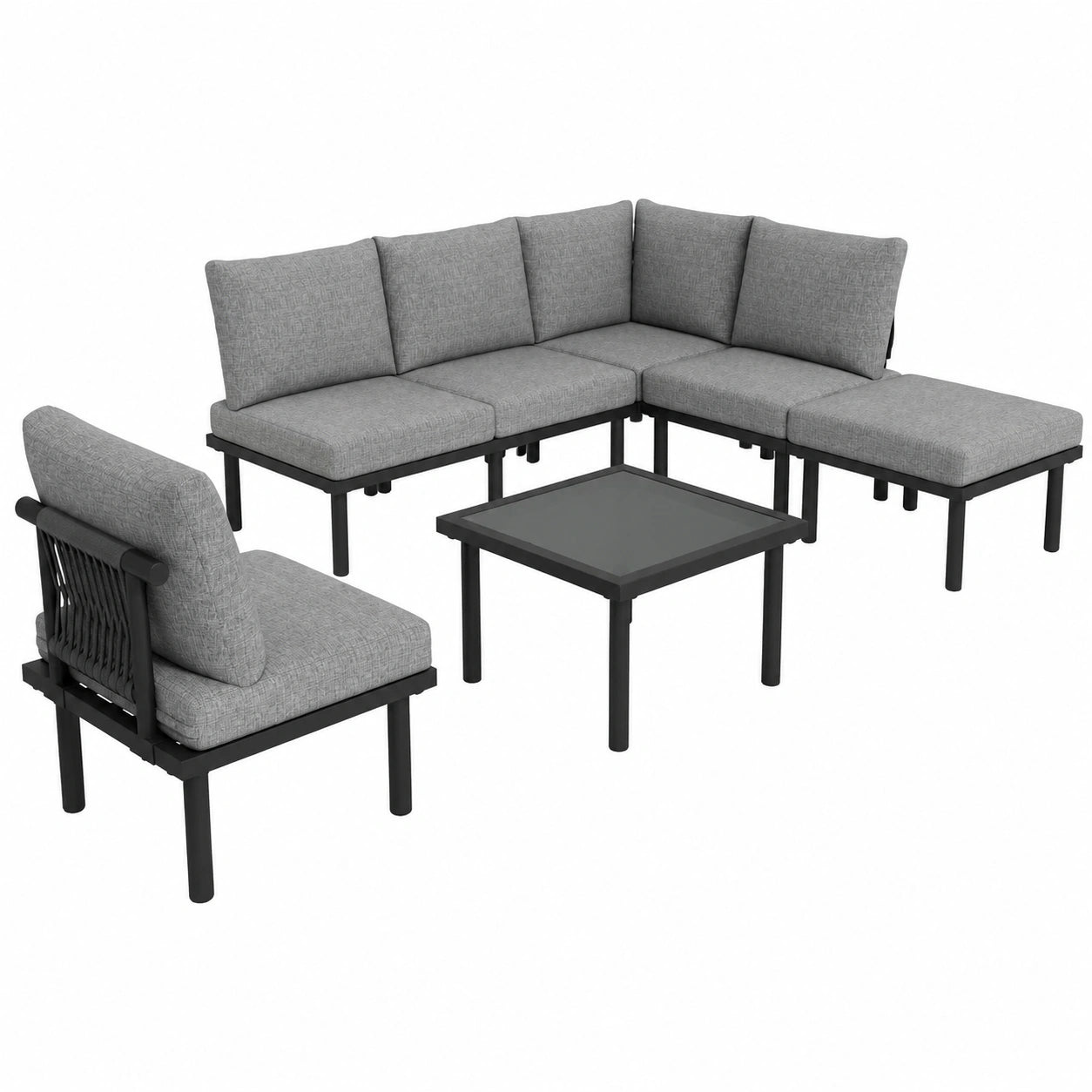 6-teiliges Gartenmöbel-Set aus Seilgeflecht, inkl. Kissen, Grau